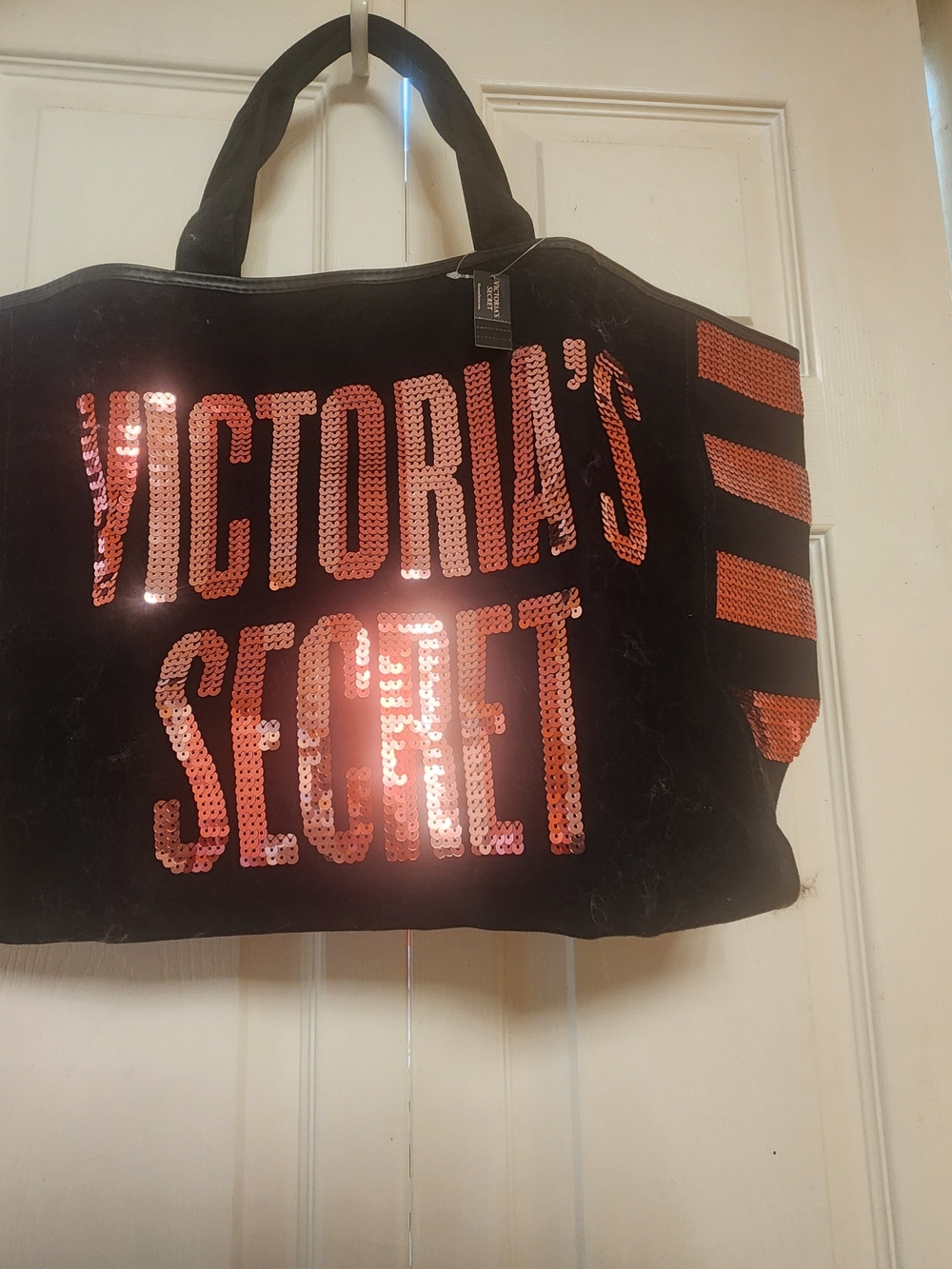 Victoria's Secret Black Tote with Pink Sequin Logo and Striped Accents